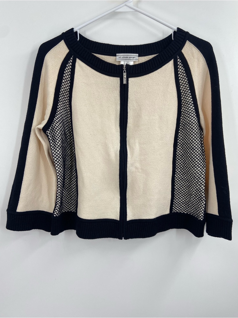 St. John Ivory & Black Zip-Front Fish Net Panel Sweater Small